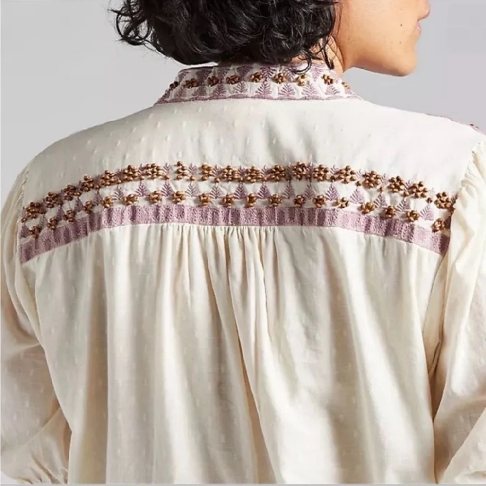 Anthropologie Ivory Embroidered Beaded Peasant Blouse Petite 10 Boho Puff Sleeve